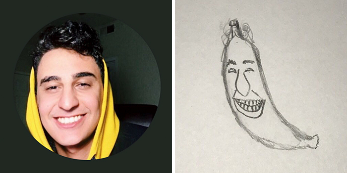 A person's profile pic hilariously transformed into a banana drawing by an artist.