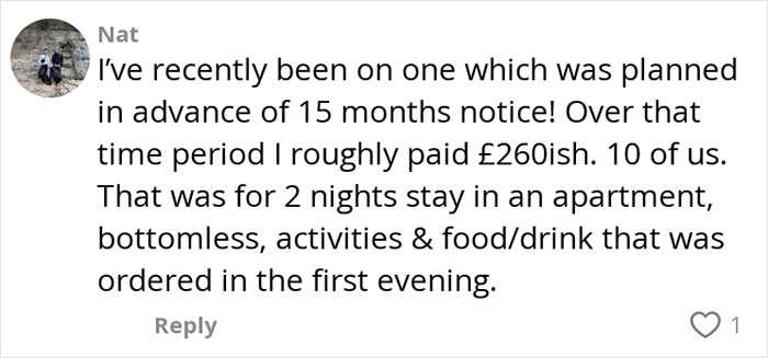 Comment discussing costs and planning details related to paying for hen parties and shared expenses. Comment discussing costs and planning details related to paying for hen parties and shared expenses.