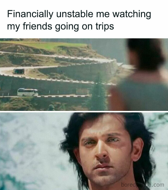 Person looking sad and watching buses on a mountain road, funny meme about financial struggles and trips from a hilarious memes page.