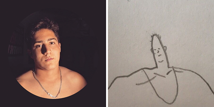 A person's photo next to a humorous artistic drawing makeover of the same image.