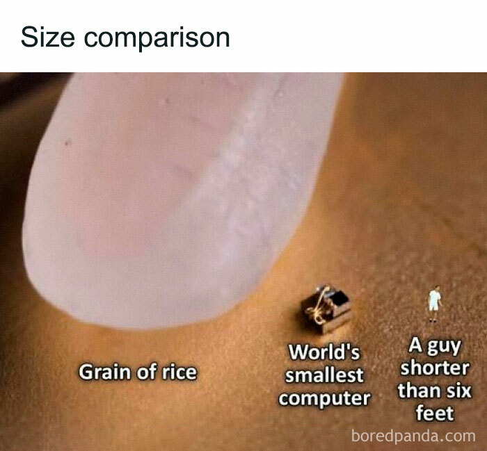 Close-up size comparison of a grain of rice, the world's smallest computer, and a man shorter than six feet, meme content.