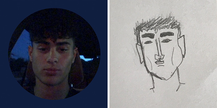 Profile pic with a humorous drawing makeover by an artist, featuring a young man with dark hair.