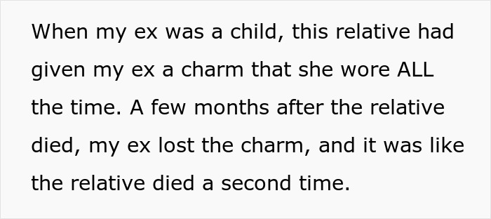 Text passage about an ex-fiance losing a charm worn since childhood in relation to a relative’s death in an apartment. Text passage about an ex-fiance losing a charm worn since childhood in relation to a relative’s death in an apartment.