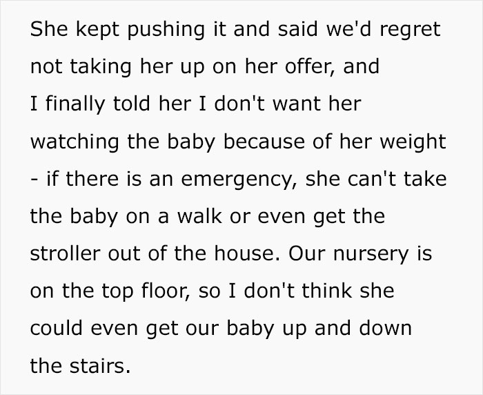 Text excerpt about a woman refusing obese mom to babysit newborn, mentioning concerns over weight and baby care. Text excerpt about a woman refusing obese mom to babysit newborn, mentioning concerns over weight and baby care.