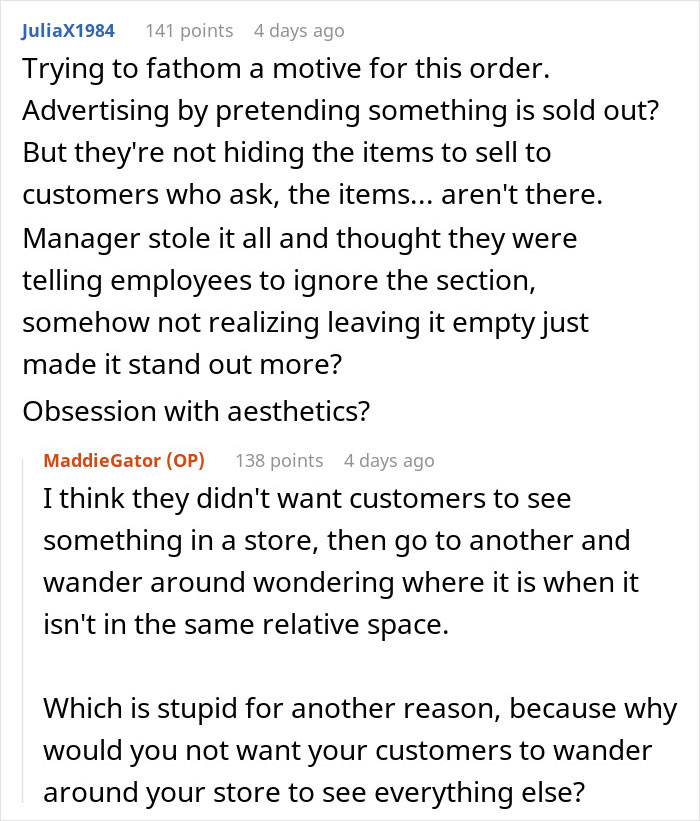 Reddit discussion about manager told staff not to fill empty shelves causing no sales and customer confusion in store. Reddit discussion about manager told staff not to fill empty shelves causing no sales and customer confusion in store.
