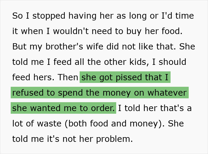 Text excerpt about refusing to spend money on kid outings with brother’s kids causing family tension. Text excerpt about refusing to spend money on kid outings with brother’s kids causing family tension.