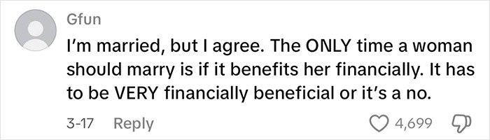 Comment by Gfun agreeing with a woman who begged others not to get married unless financially beneficial in a viral clip. Comment by Gfun agreeing with a woman who begged others not to get married unless financially beneficial in a viral clip.