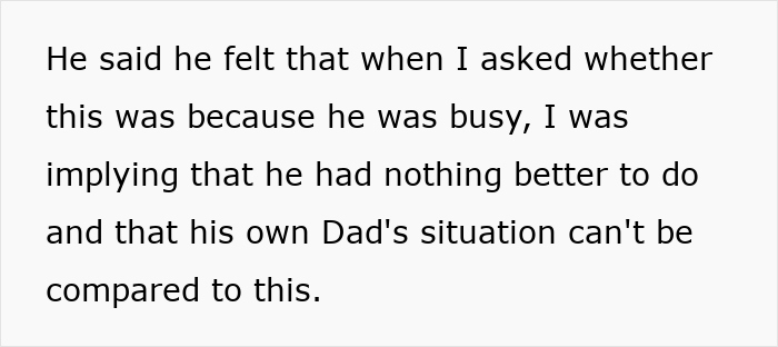 Text excerpt describing a husband refusing to help check on elderly parents’ home, citing it as too much.