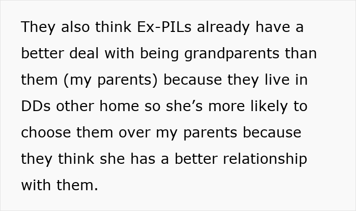 Text discussing jealous grandparents feeling overshadowed by ex-in-laws’ generosity and better relationships with the kid. Text discussing jealous grandparents feeling overshadowed by ex-in-laws’ generosity and better relationships with the kid.