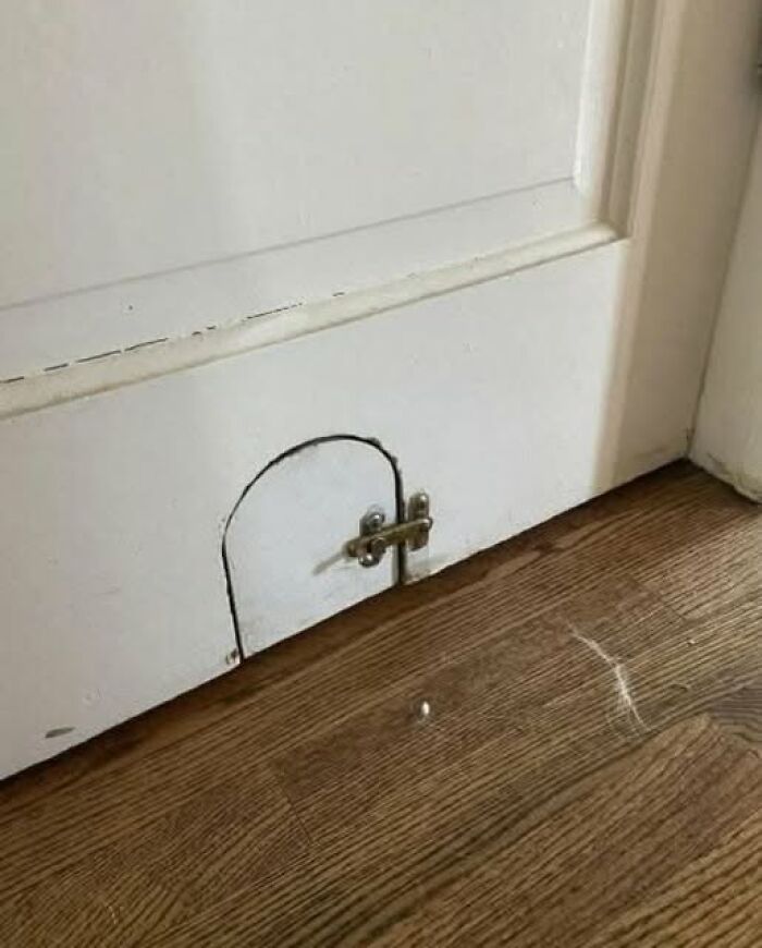 Small locked door cut out at bottom of interior door in home with hidden or haunted past. Small locked door cut out at bottom of interior door in home with hidden or haunted past.