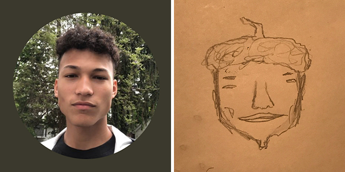 Person's profile pic next to a funny sketch makeover with acorn hat.