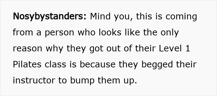 Text from a social media post calling out a woman for saying people over 200 lbs shouldn’t do Pilates, highlighting Pilates and weight discussion. Text from a social media post calling out a woman for saying people over 200 lbs shouldn’t do Pilates, highlighting Pilates and weight discussion.