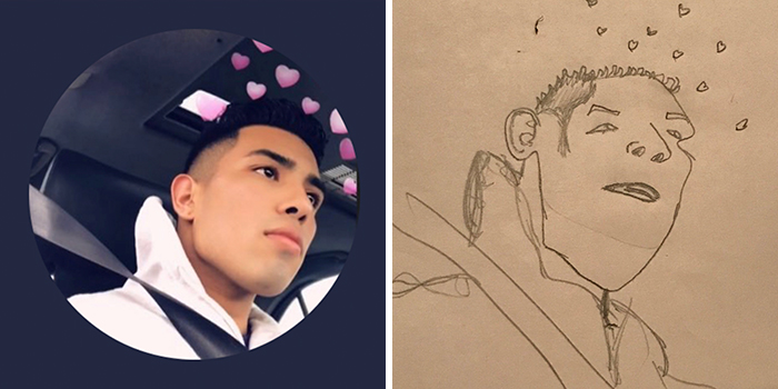 Profile pic with heart emojis humorously redrawn by artist in a sketch style.
