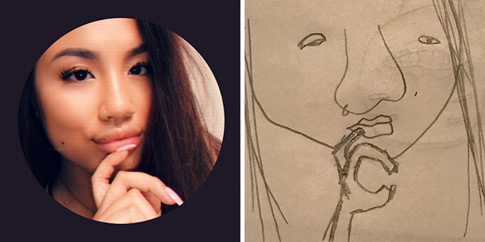 Profile pic makeover: original photo of a woman with long hair and its humorous sketch version side by side.