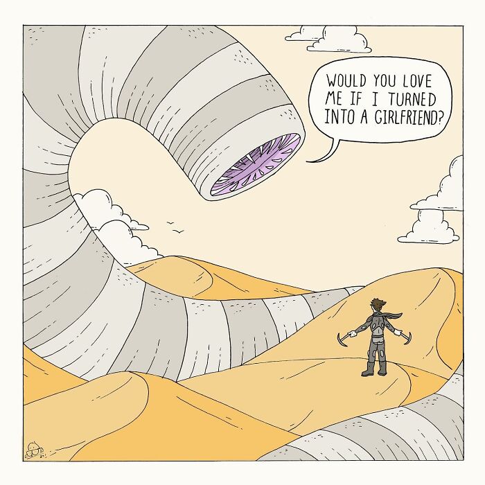 Comic panel showing a character facing a giant worm-like creature in a desert, illustrating talking bugs and existential dread.