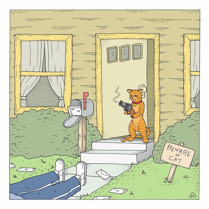 Comic scene with a talking cat holding a gun at a house entrance, blending humor and existential dread in the artwork.