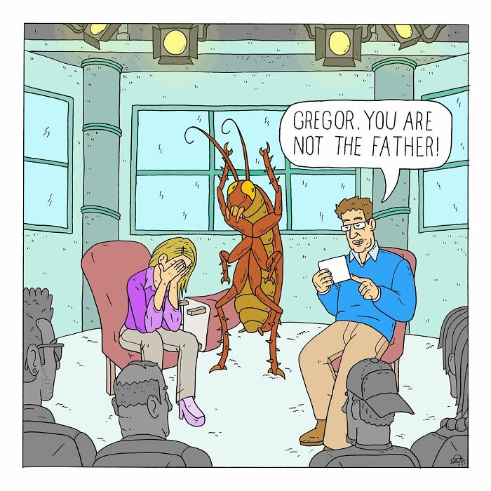 Comic panel showing talking bugs in a humorous scene where existential dread meets a shocking paternity reveal.