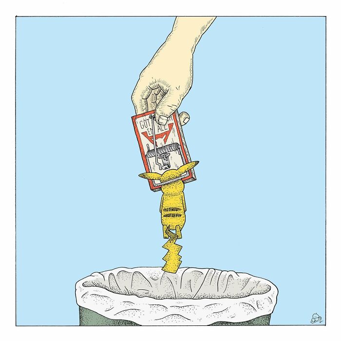 Hand dropping a talking bug resembling Pikachu into a mousetrap above a trash bin in a comic style with existential dread themes.