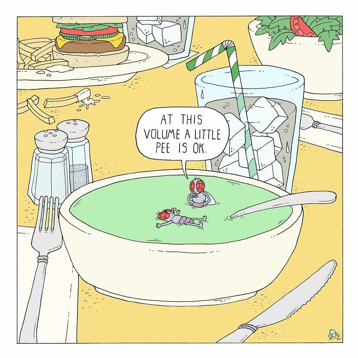 Cartoon of talking bugs in a soup bowl humorously addressing existential dread at a dining table setting.