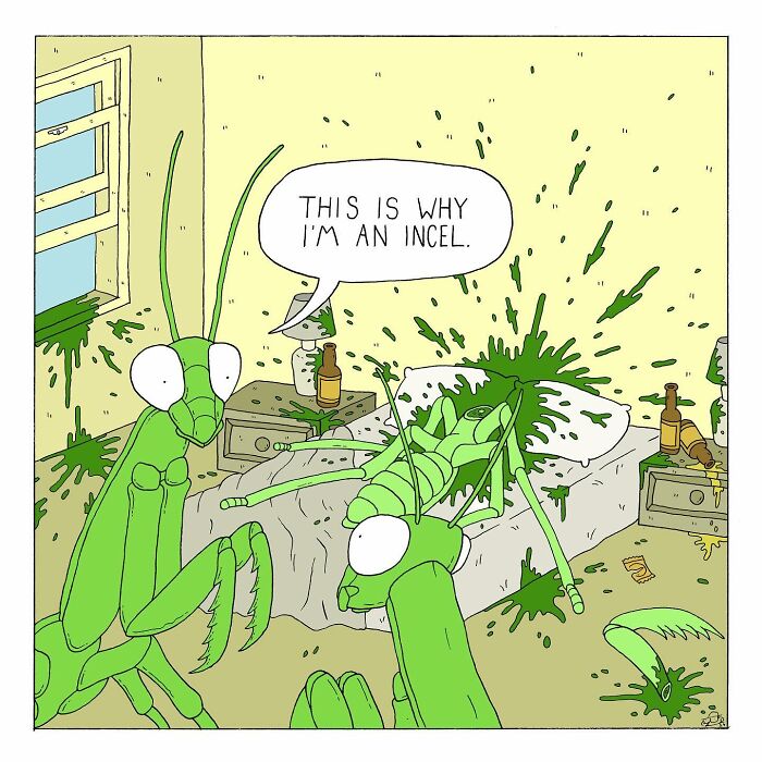 Comic panel showing talking bugs with existential dread in a messy room splattered with green substance and bottles.
