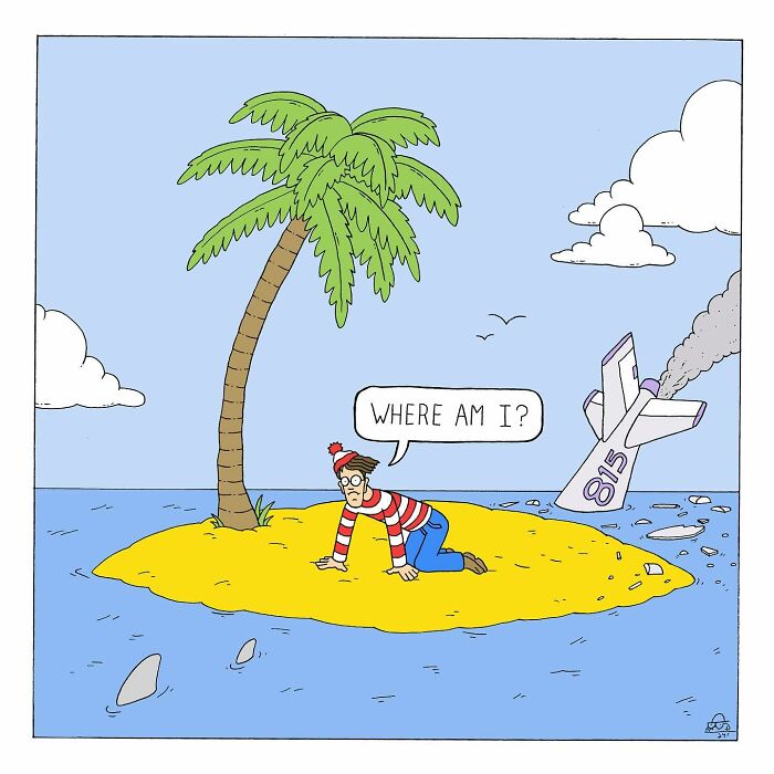 Comic panel showing a man on a deserted island with a crashed plane, highlighting talking bugs and existential dread themes.