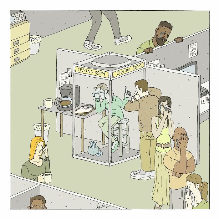 Office scene with workers showing existential dread and humor, featuring a crying room in a comic style with talking bugs theme.