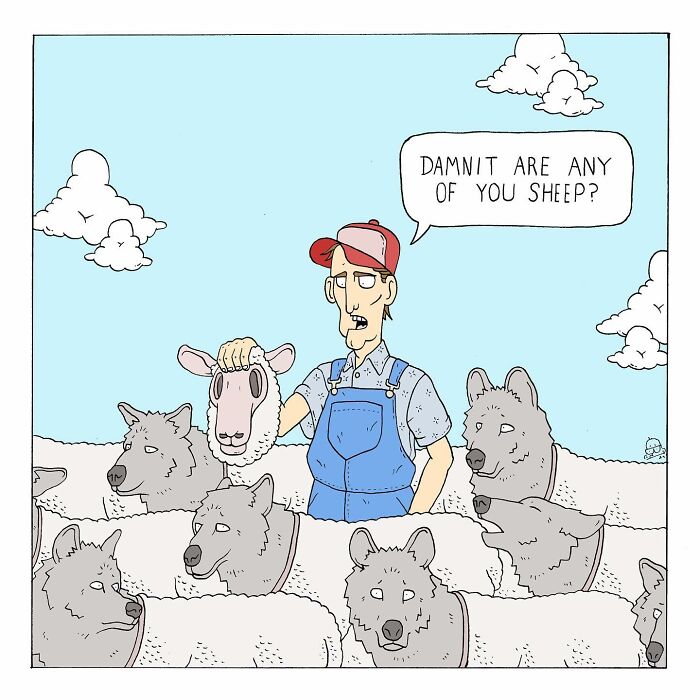 Comic panel shows a man amidst sheep disguised as wolves asking if any of them are sheep, highlighting talking bugs and existential dread.