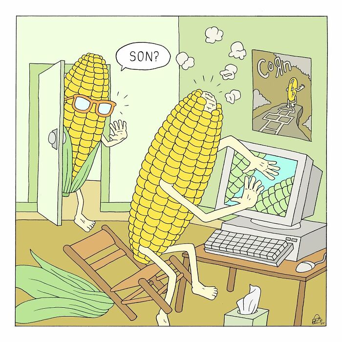 Comic panel showing talking corn characters with existential dread, one surprised at computer while another calls son.