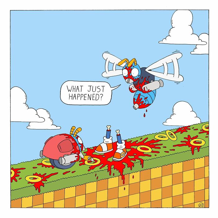 Comic panel showing talking bugs covered in red substance on a colorful landscape, blending humor and existential dread themes.