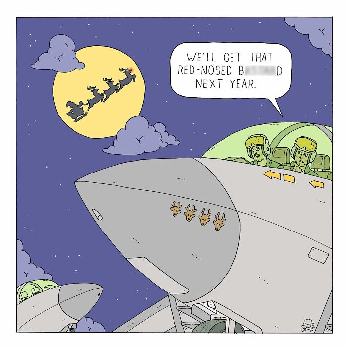 Cartoon depicts fighter pilots humorously talking about a red-nosed bug with existential dread in comic style.