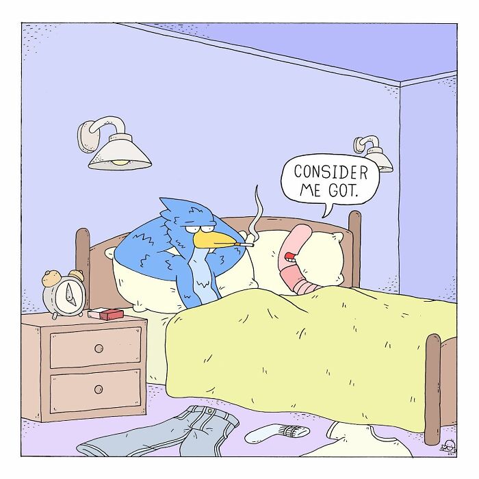 Comic scene with talking bugs in bed, blending humor and existential dread in a quirky, colorful cartoon style.