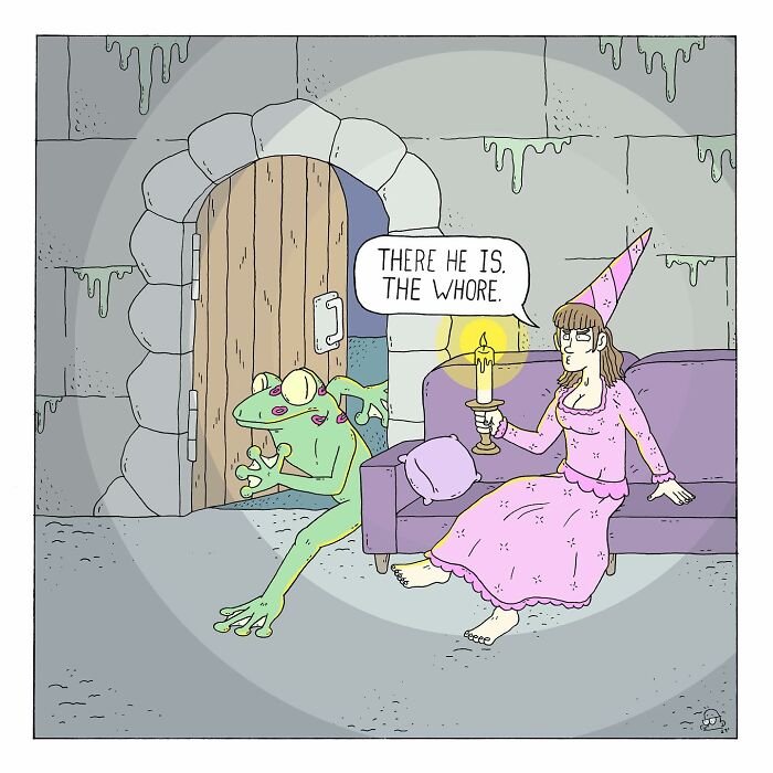 Cartoon frog sneaking into a room where a woman in a pink dress holds a candle, showcasing humorous comics with talking bugs.