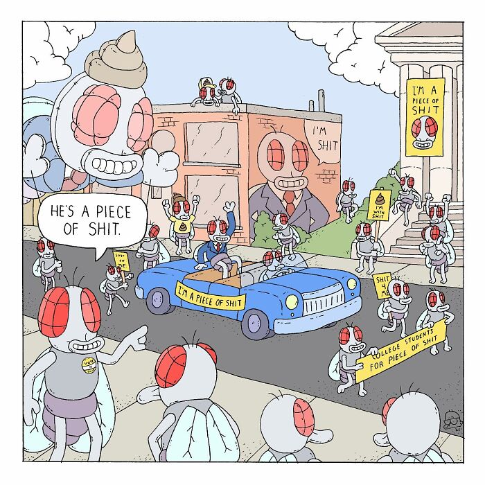 Comic scene featuring talking bugs expressing existential dread with humorous signs and speech bubbles in a colorful urban setting.