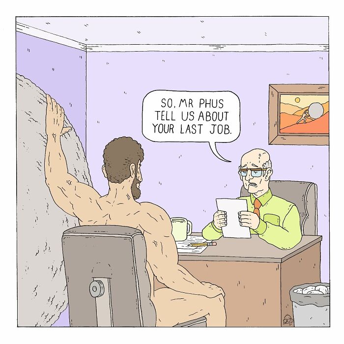 Comic panel showing a muscular man being interviewed by an older man, featuring humor and existential dread themes.