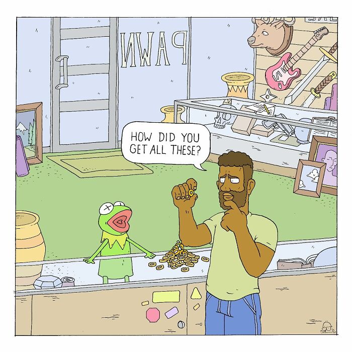 Man in a p**n shop holding coins, talking to a cartoon bug in a comic blending talking bugs and existential dread.