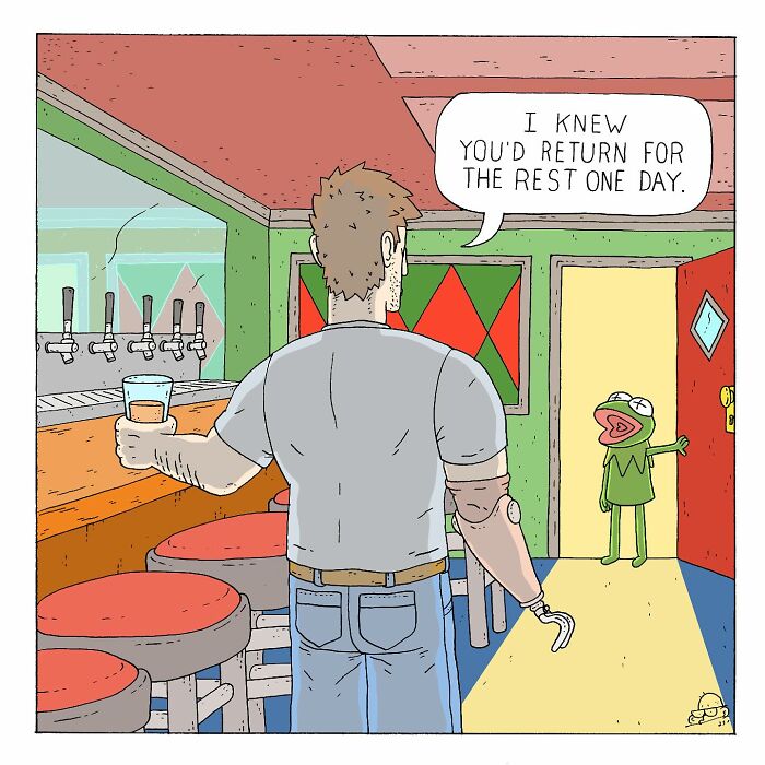 Man with prosthetic arm holding a drink in a bar facing a talking bug character expressing existential dread.