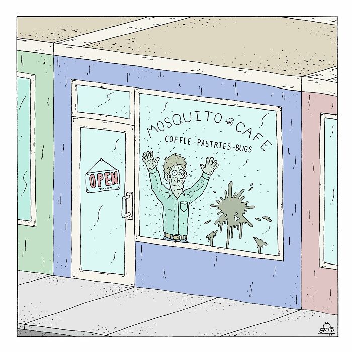 Comic panel of a man trapped inside a mosquito cafe window, featuring talking bugs and existential dread humor.