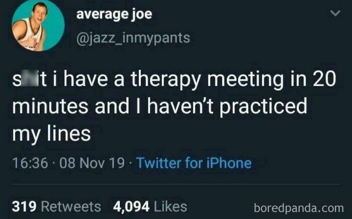 Tweet about anxiety struggles mentioning a therapy meeting and feeling unprepared, shared in a relatable anxiety meme.