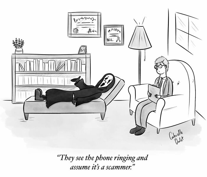Wholesome comics by Gabrielle Drolet showing a humorous therapy session with a ghost-faced figure on the couch.