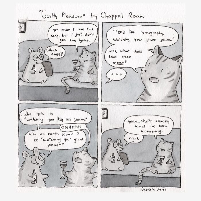 Wholesome comics with a witty twist on daily moments featuring playful animal characters in a cozy living room setting.