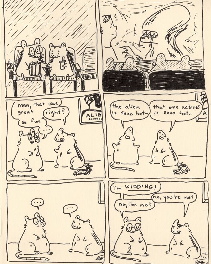Hand-drawn wholesome comics with a witty twist on daily moments featuring two animal characters in conversation.