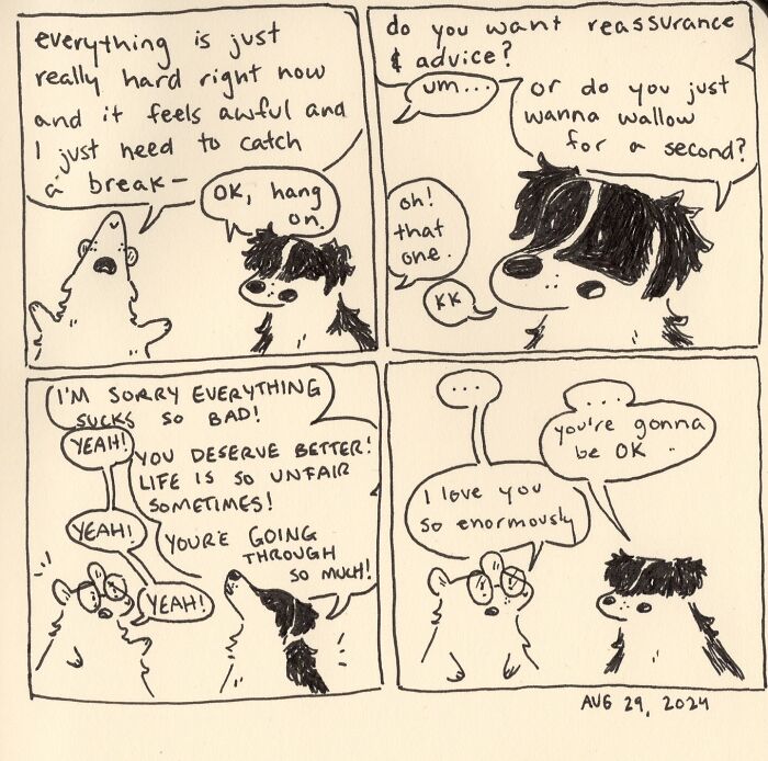 Hand-drawn wholesome comics featuring a dog and a bird sharing supportive and witty daily moments.