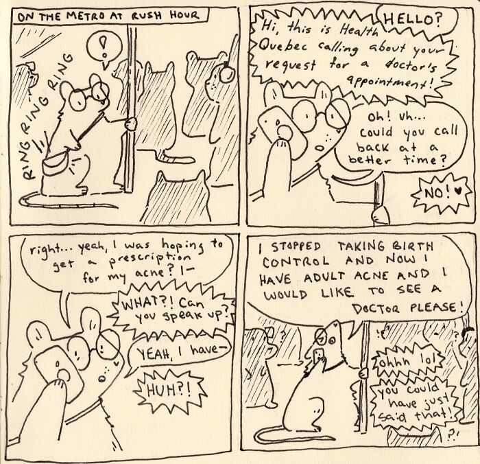 Wholesome comic depicting a witty twist on daily moments with characters humorously discussing a metro phone call.