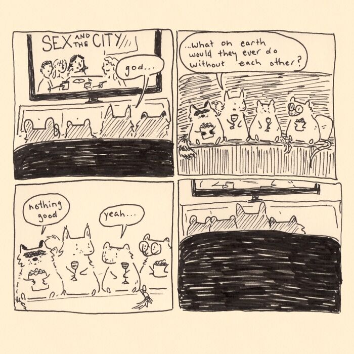 Hand-drawn wholesome comic panels showing animals watching TV and sharing witty daily life moments.