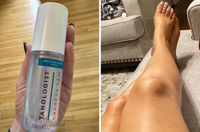 Bottle of Tanologist express tan self-tanning water held in hand and smooth tanned legs resting on couch indoors.
