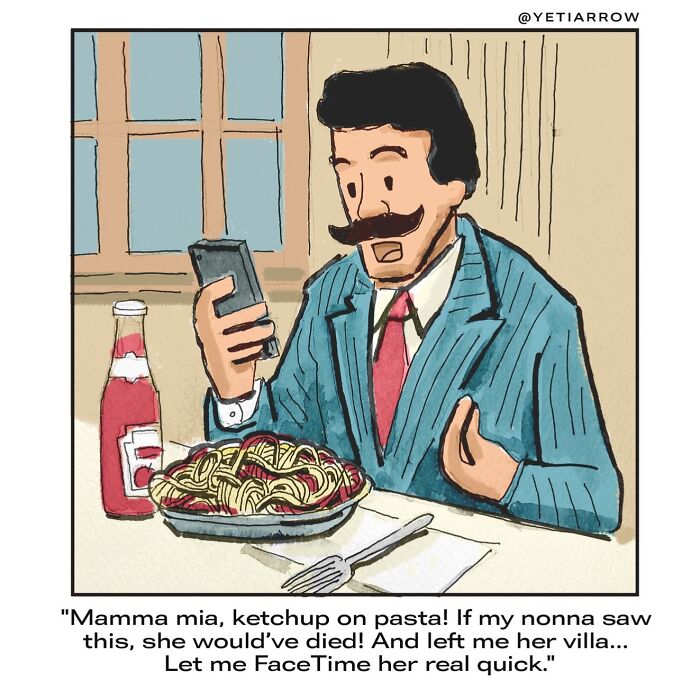 Man in a suit looking at phone with plate of pasta and ketchup bottle, one-panel comic by YetiArrow explaining everyday weirdness.