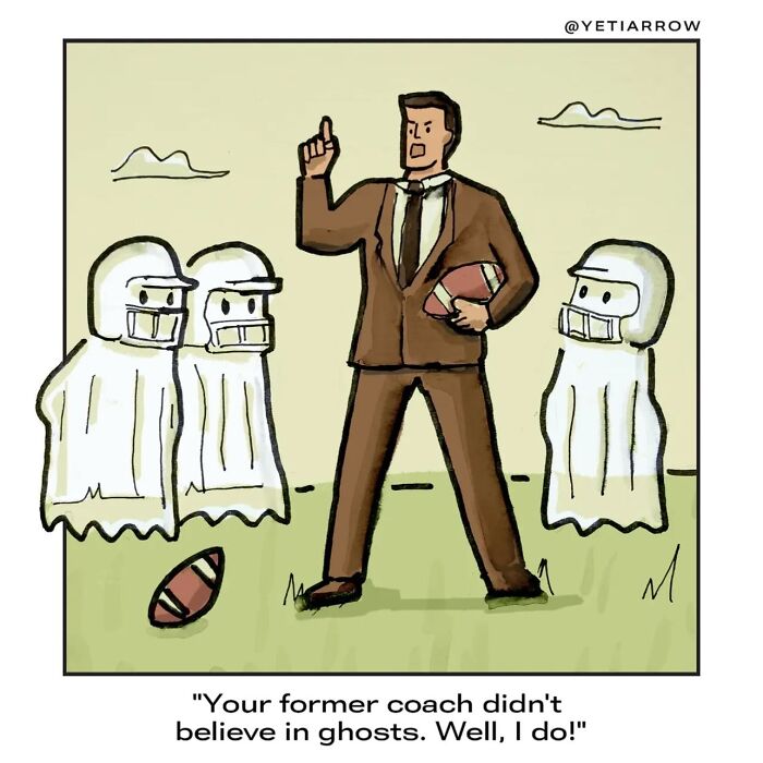 One-panel comic by YetiArrow showing a coach holding a football talking to ghost players on a field.