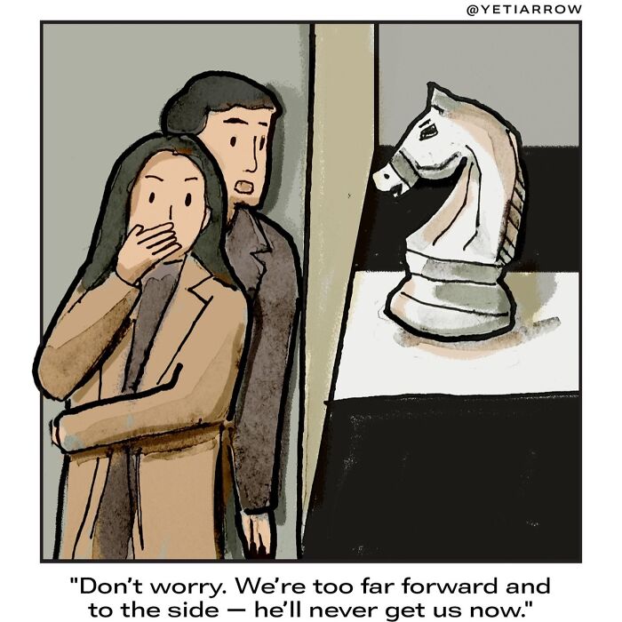 Two people hiding behind a wall while observing a chess knight in a one-panel comic by YetiArrow.