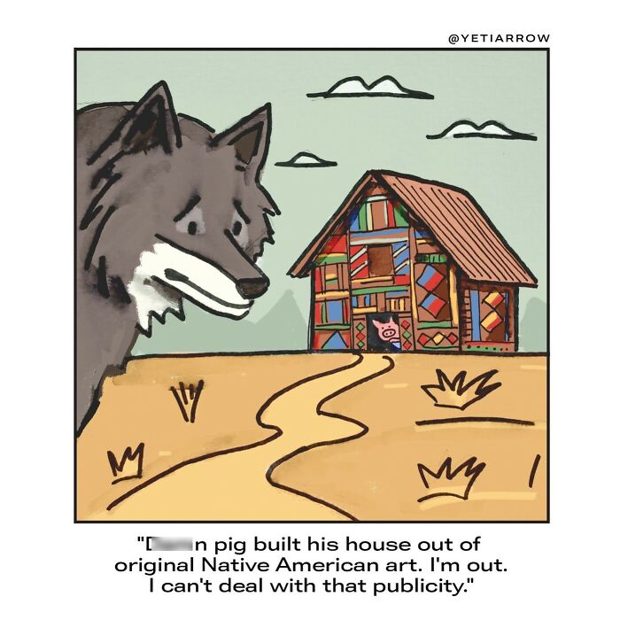 Cartoon wolf looking worried at a colorful house, part of one-panel comics by YetiArrow explaining everyday weirdness.