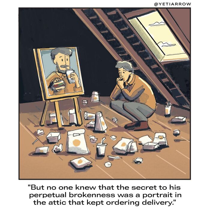 One-panel comic by YetiArrow showing a man in an attic with a portrait that orders food delivery, illustrating everyday weirdness.